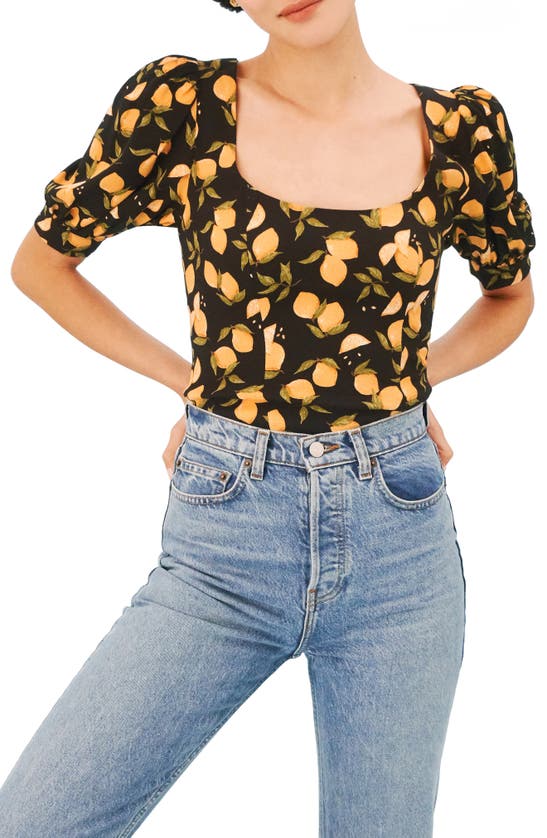 REFORMATION CAVE LEMON PRINT PUFF SLEEVE CROP TOP