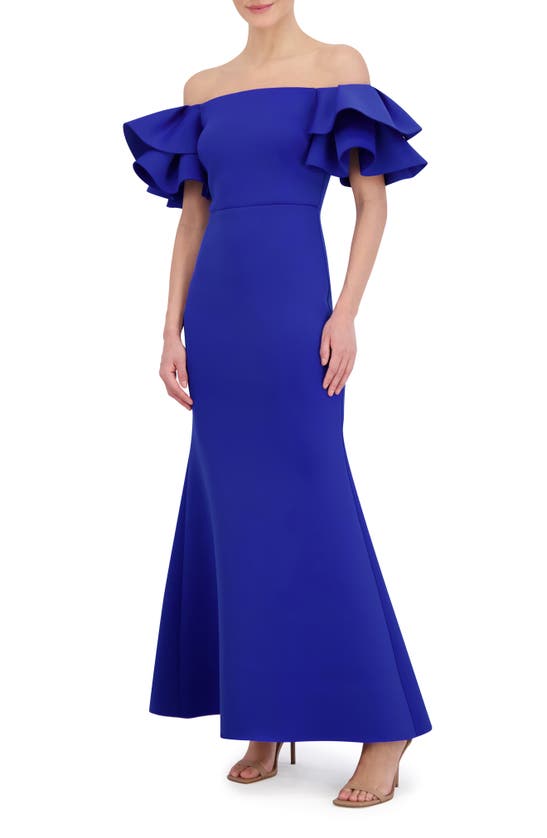 Shop Eliza J Ruffle Sleeve Off The Shoulder Mermaid Gown In Cobalt