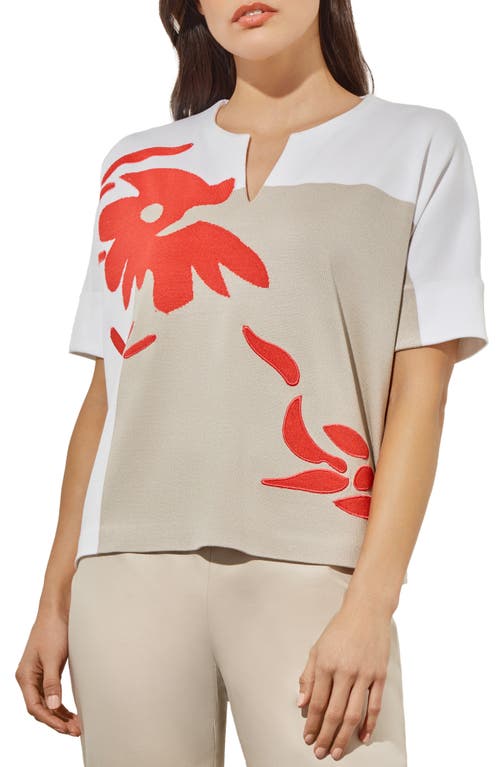 Ming Wang Placed Floral Short Sleeve Sweater In Flamenco/limestone/white