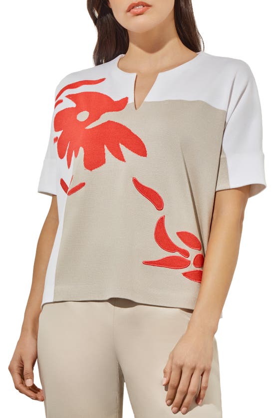 Shop Ming Wang Placed Floral Short Sleeve Sweater In Flamenco/ Limestone/ White