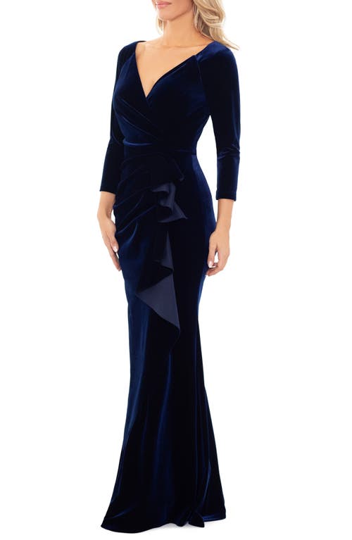 Xscape Evenings Side Ruffle Velvet Gown In Navy