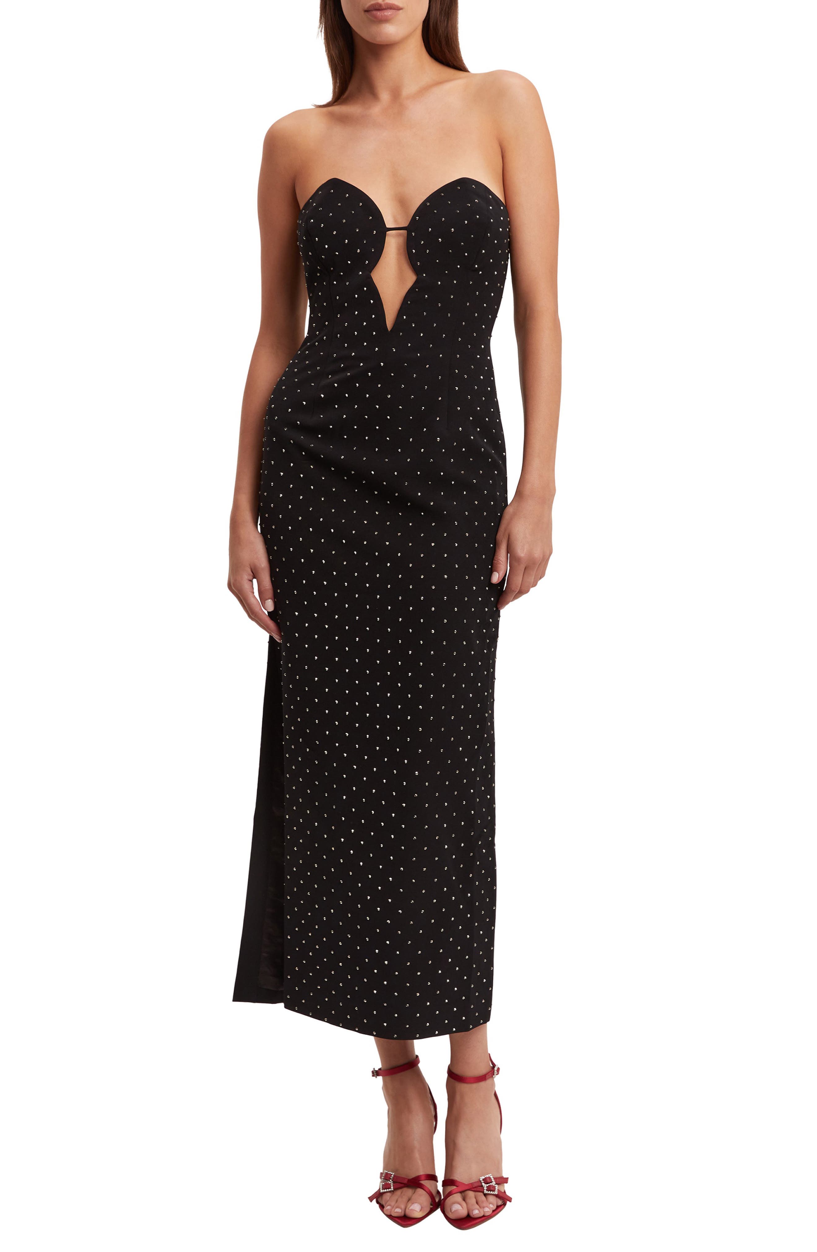 Bardot Eleni Studded Strapless Plunge Neck Midi Dress in Black