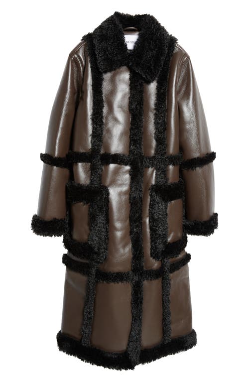 Stand Studio Patrice Faux Leather Coat With Faux Shearling Trim In Dark Brown/black