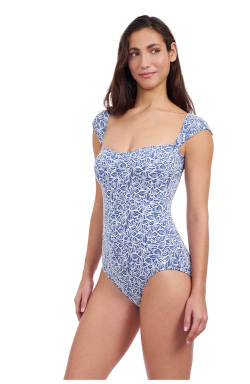 Profile By Gottex Plumeria Cap Sleeve Shaped Bust One Piece In Blue