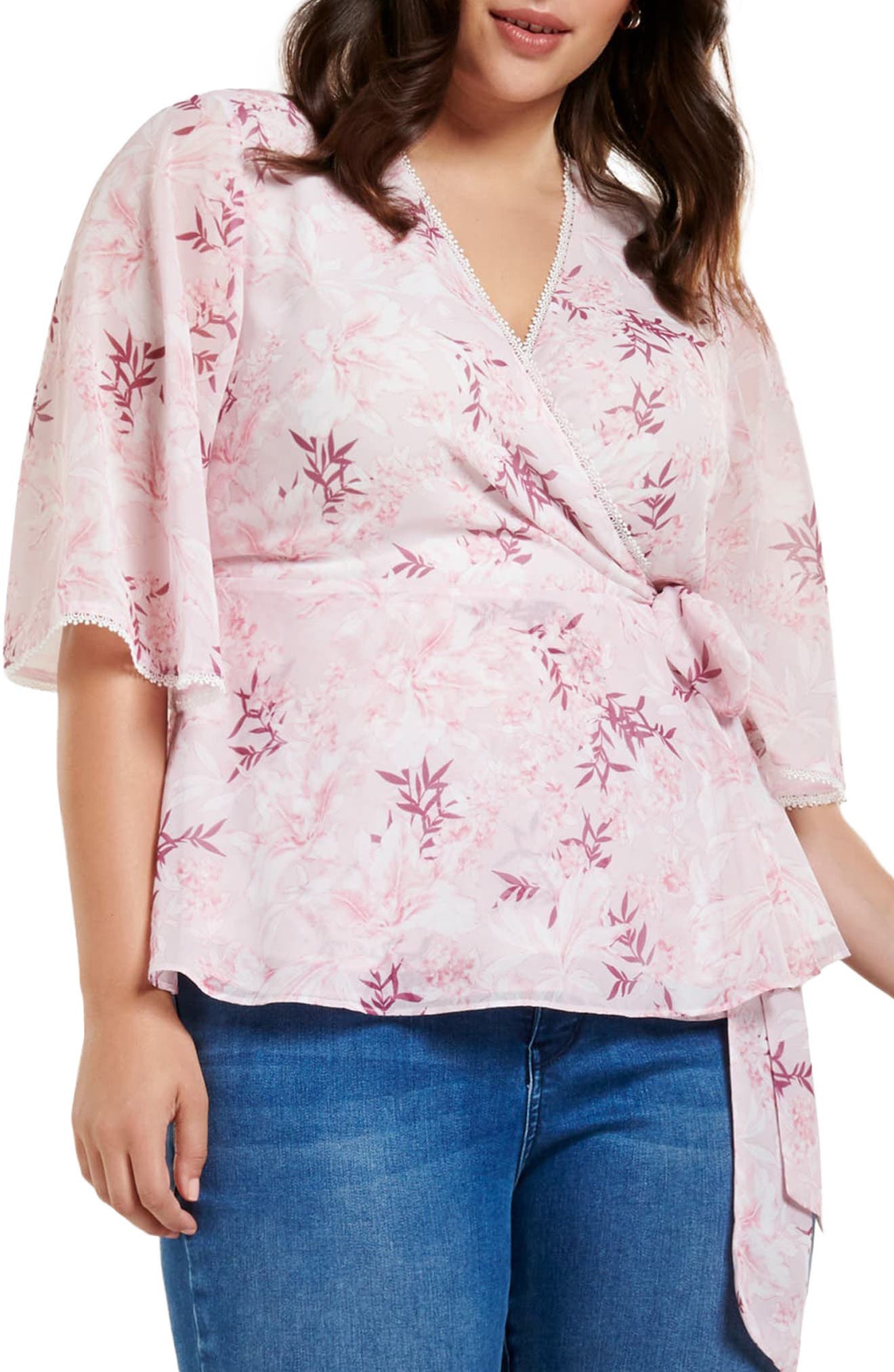 Ever New Imogen Floral Ruffle Wrap Blouse in Blush Sunset at Nordstrom