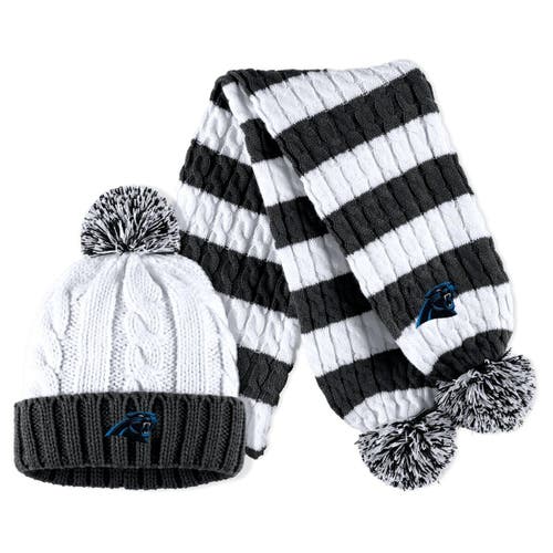 Women's WEAR by Erin Andrews Black/White Carolina Panthers Cable Stripe Cuffed Knit Hat with Pom and Scarf Set