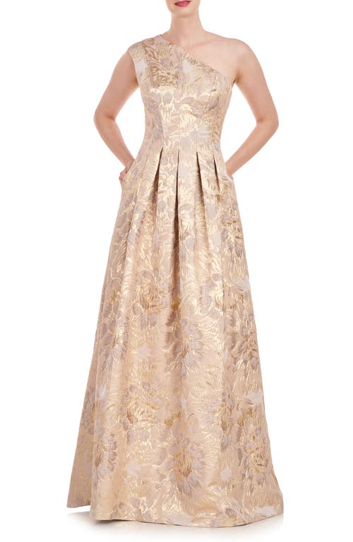 Carolyn Metallic Floral Jacquard One-Shoulder Gown in Hazelnut