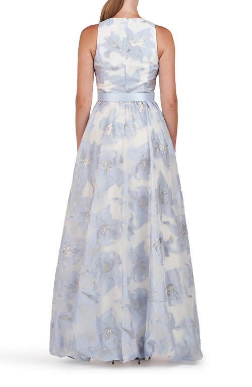Shop Kay Unger Vivian Metallic Floral Print Sleeveless High/low Gown In Pale Blue/ivory