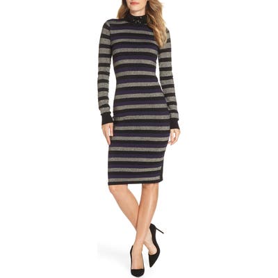 Eliza J Stripe Sequin Mock Neck Sweater Dress, Black