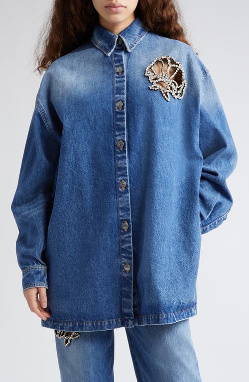 Stella McCartney Crystal Flower Cutout Denim Button-Up Shirt Mid Blue at Nordstrom,