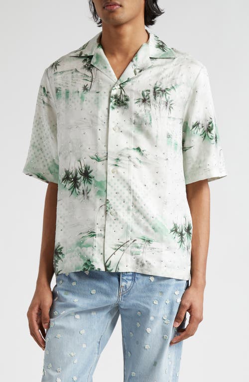 AMIRI Shotgun Tropical Print Silk Camp Shirt Mineral Green at Nordstrom,