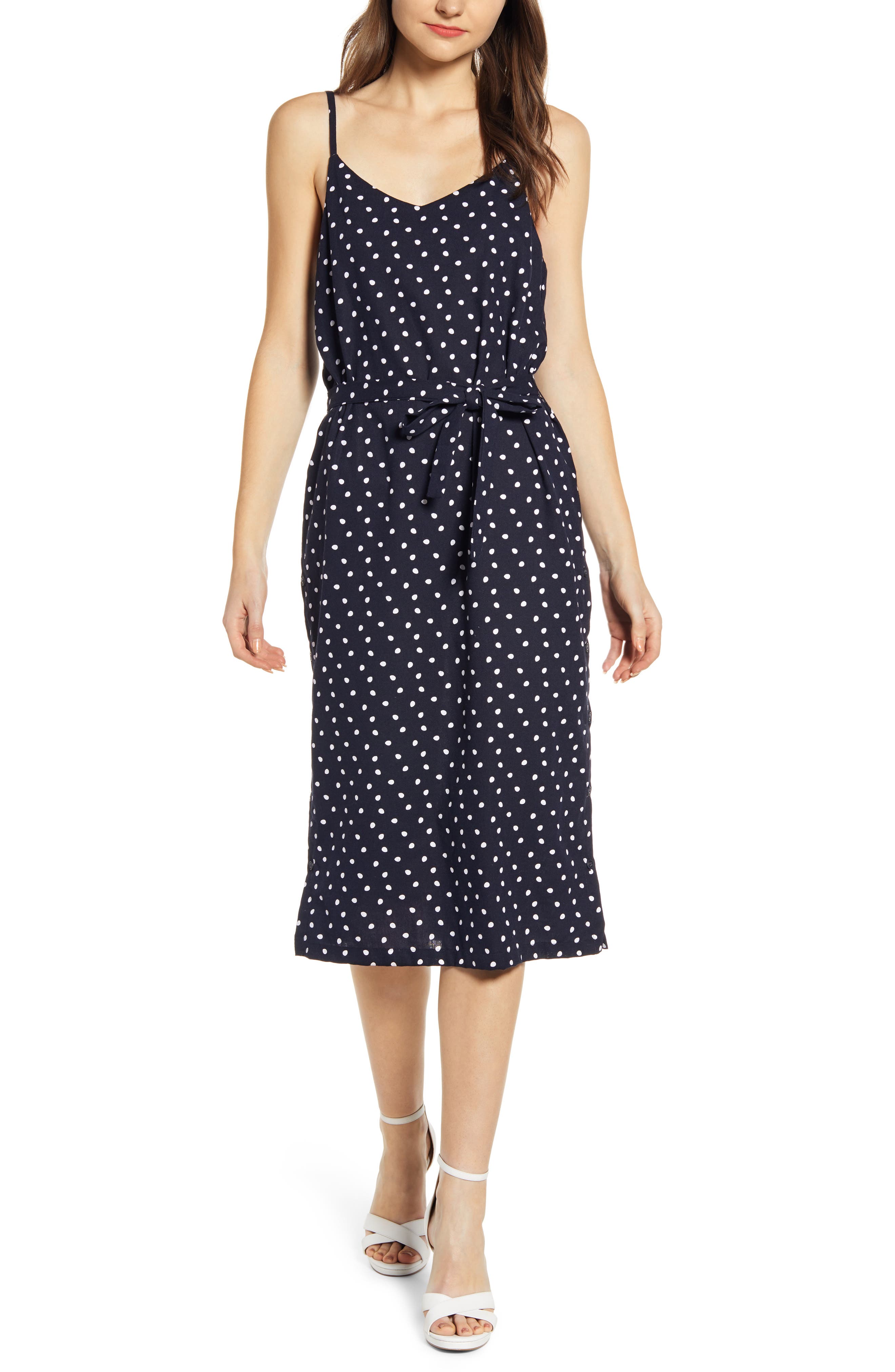 Minkpink Pip Polka Dot Belted Midi Dress, Blue