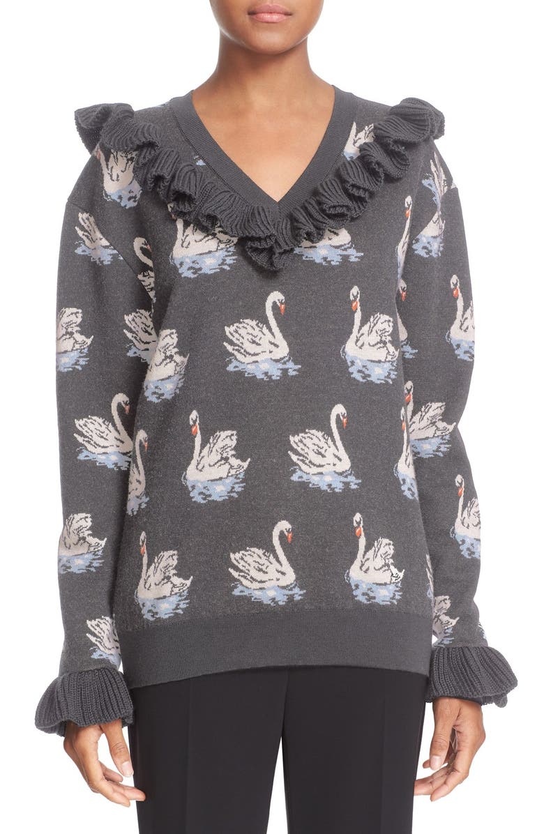 Stella McCartney Ruffle Trim Swan Jacquard Knit Sweater Nordstrom