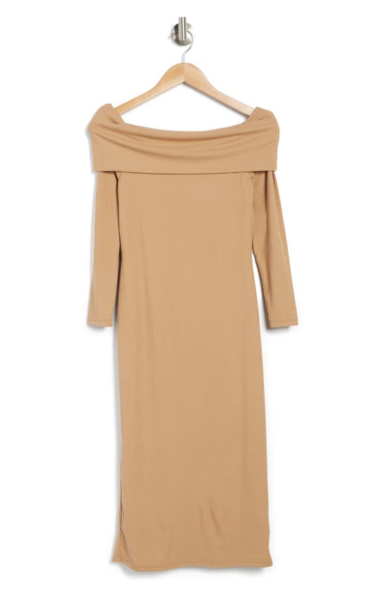 Velvet Torch Ribbed Off The Shoulder Midi Dress In Taupe