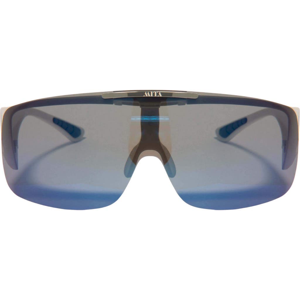 Mita Sustainable Eyewear Sobe 136mm Shield Sunglasses In Matte White/blue Mirror