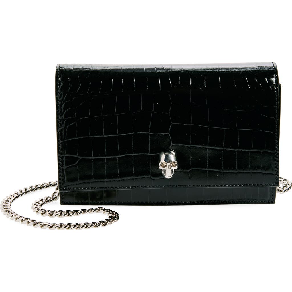 Alexander Mcqueen Mini Skull Croc Embossed Leather Shoulder Bag In Black
