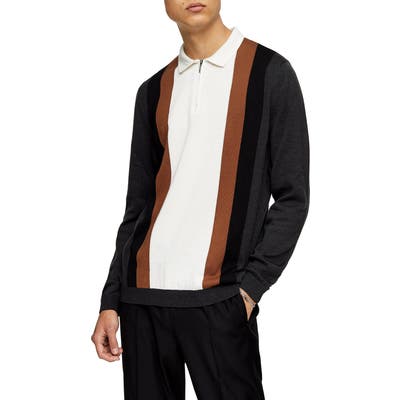 Topman Stripe Zip Polo Sweater, Grey