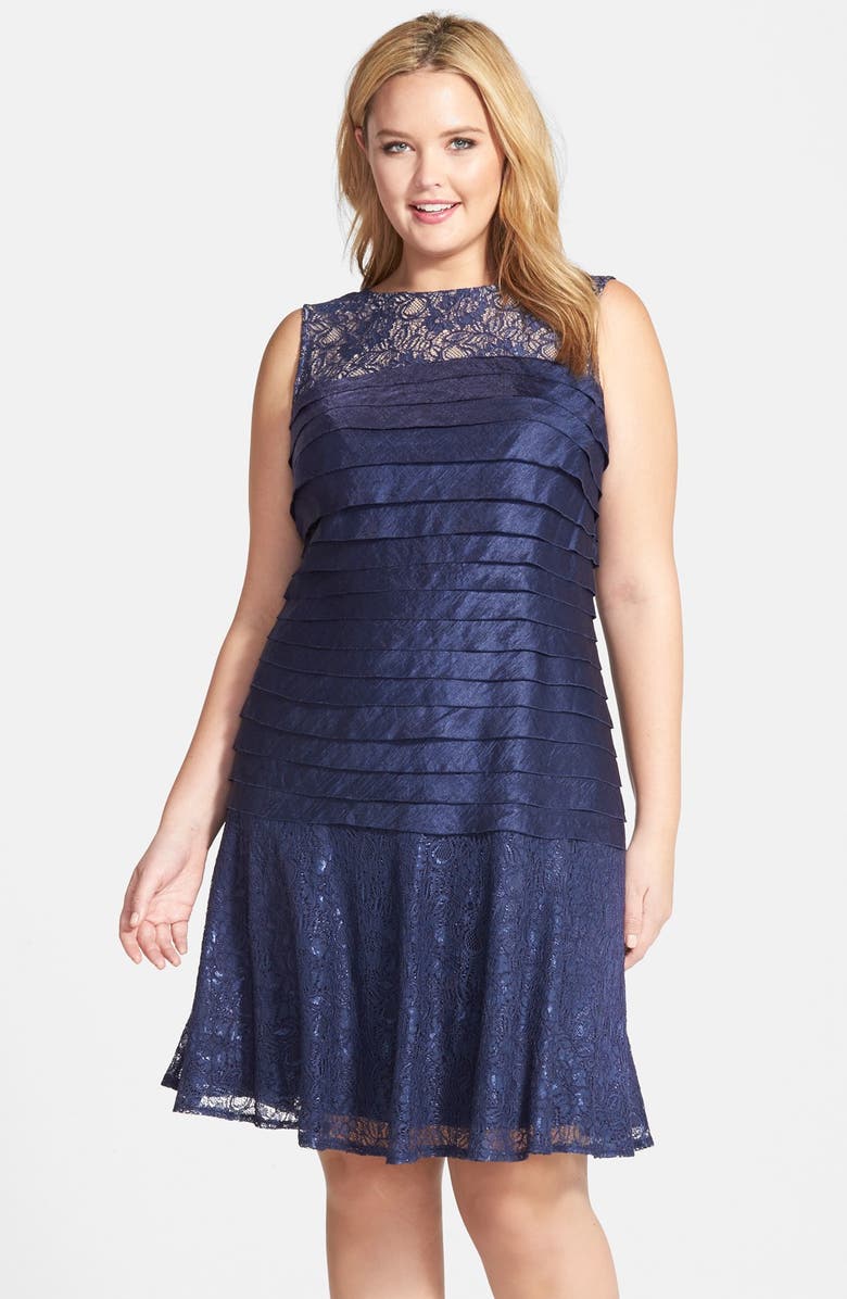 London Times Shimmer Shutter Pleat & Lace Dress (Plus Size) | Nordstrom