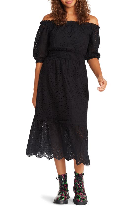 Betsey Johnson Off The Shoulder Eyelet Midi Dress In Black | ModeSens