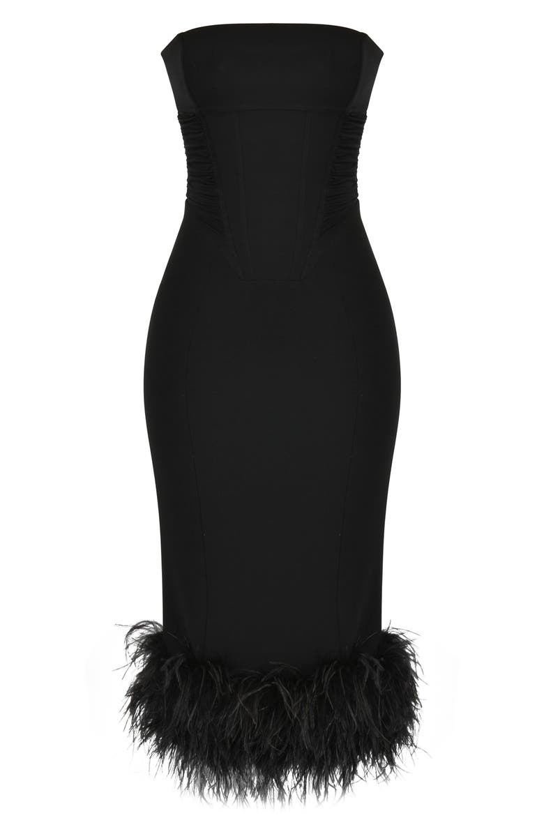 HOUSE OF CB Fionula Strapless Feather Hem Midi Dress Nordstrom