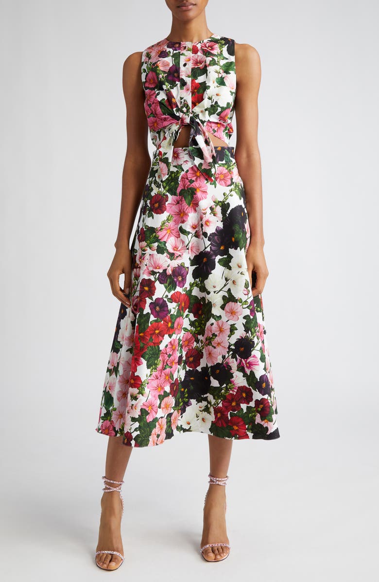 Oscar de la Renta Hollyhock Print Tie Waist Sleeveless A-Line Dress ...