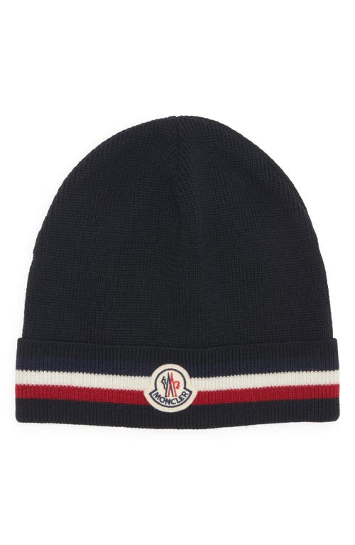 Shop Moncler Tricolor Stripe Ribbed Wool Beanie In Navy Blue