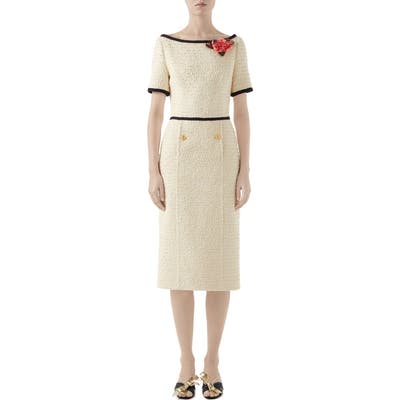 Gucci Floral Applique Boucle Tweed Midi Sheath Dress, US / 40 IT - Ivory