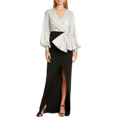 Sachin & Babi Embellished Drape Bishop Sleeve Column Gown