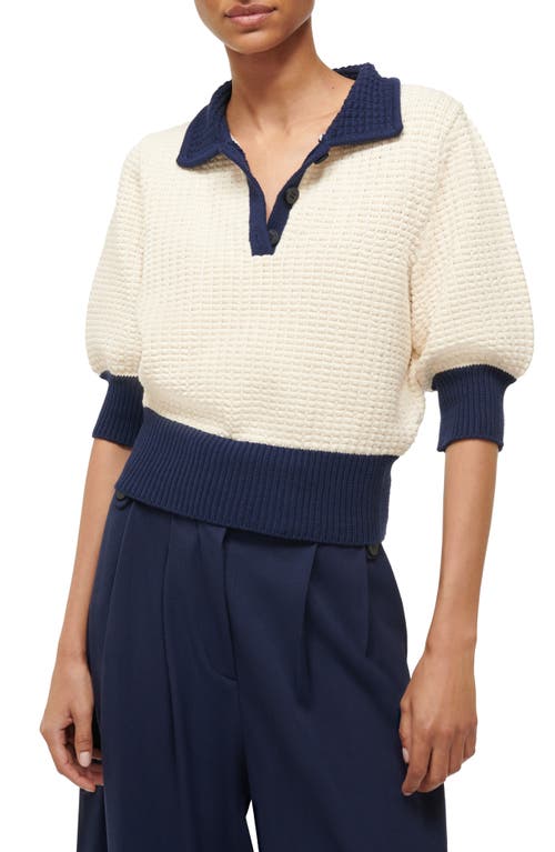 Shop Staud Altea Cotton Blend Sweater In Ivory/navy