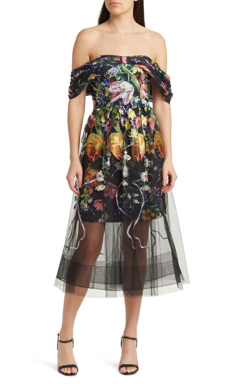 Marchesa Notte Embroidered Floral Off the Shoulder Midi Dress Black Multi at Nordstrom,