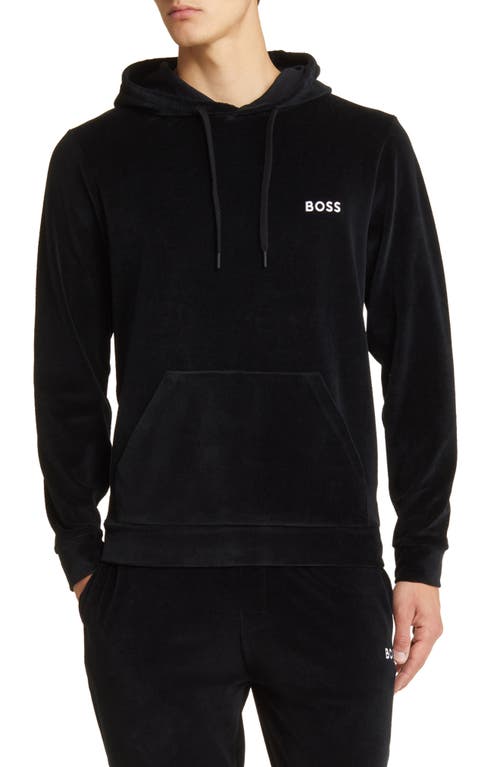 Heritage Logo Embroidered Velour Lounge Hoodie in Black