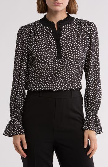 Gemma + Jane Georgette Button Front Top In Black Dot