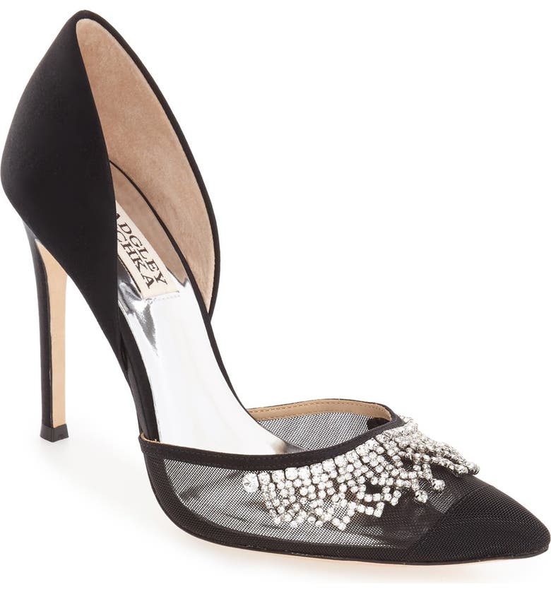 BADGLEY MISCHKA COLLECTION Badgley Mischka 'Genna' Embellished d'Orsay Pump, Main, color, BLACK SATIN