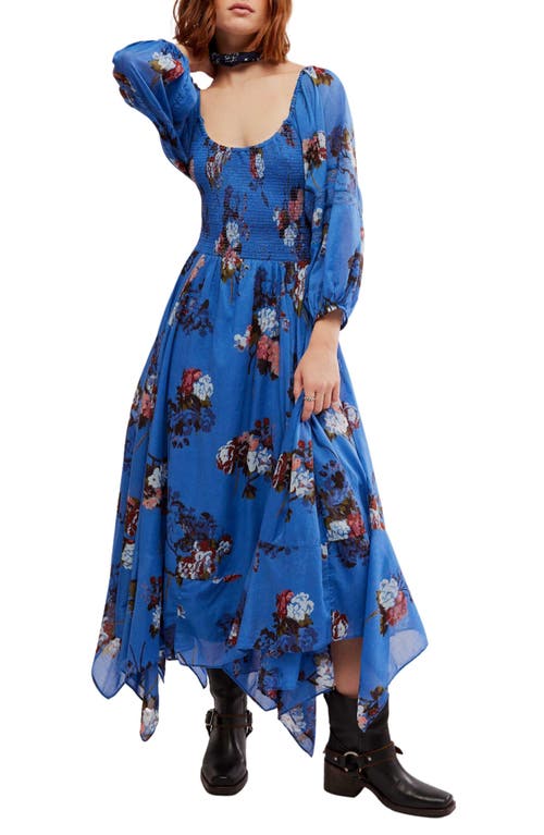 Shop Free People Morning Glory Floral Smocked Long Sleeve Maxi Dress In Dutch Blue Combo