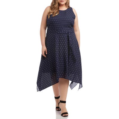 Plus Size Karen Kane Polka Dot Sleeveless Handkerchief Hem Dress, Blue