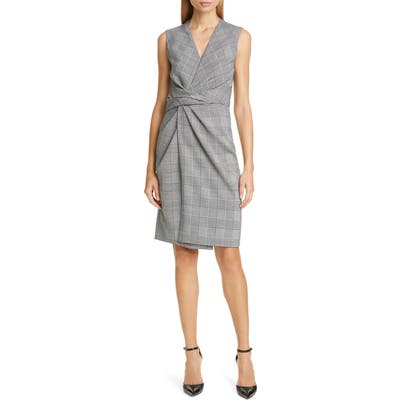 Adam Lippes Glen Plaid Drape Waist Sheath Dress, Grey