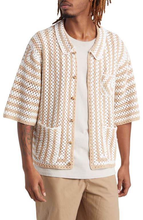 Stripe Crochet Cotton Button-Up Shirt in Biscuit