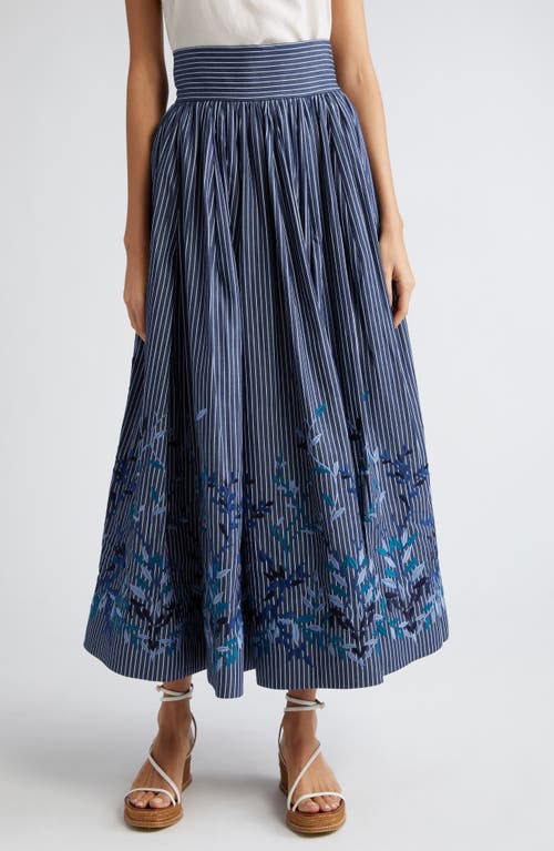 Vanessa Floral Embroidered Stripe A-Line Skirt in Blue Denim Leaves