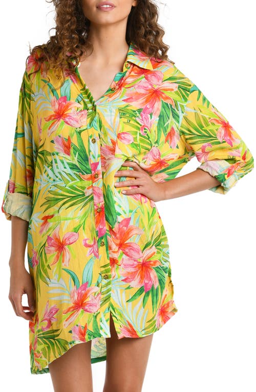 Calypso Button-Up Cover-Up Shirt in Yellow Multi