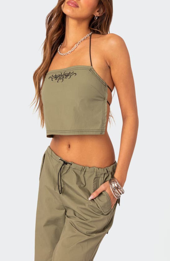 Shop Edikted Fey Embroidered Open Back Halter Top In Olive