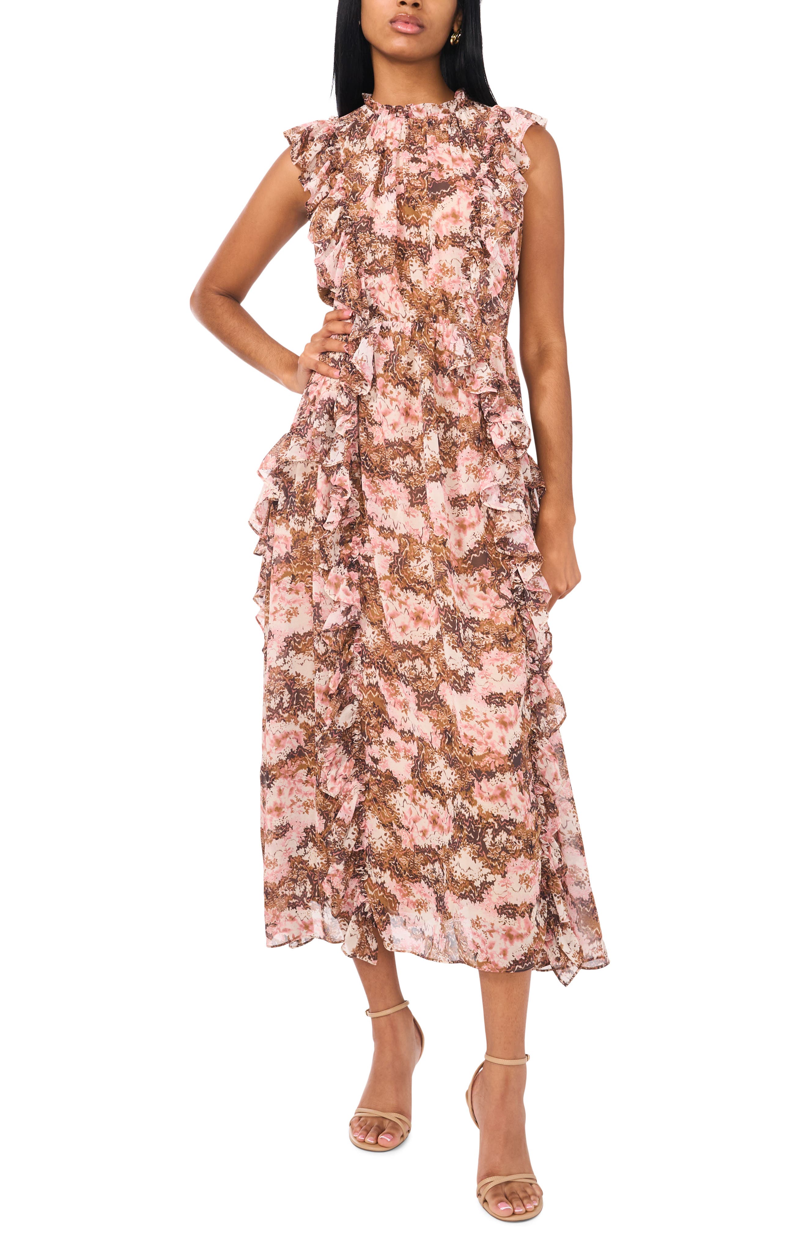 Parker Brooke Floral Ruffle Midi Dress in Camel Cognac 