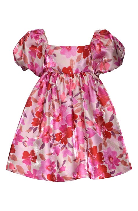 Kids' Floral Puff Sleeve Jacquard Satin Party Dress (Toddler & Little Kid)