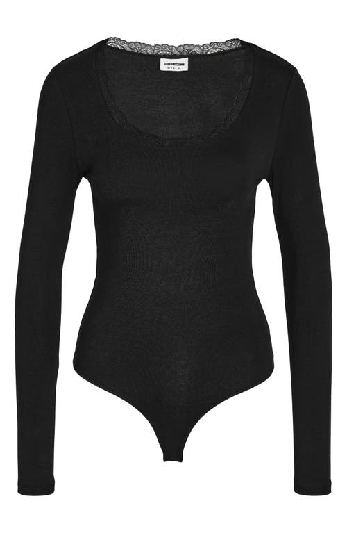 Shop Noisy May Kerry Lace Trim Long Sleeve Stretch Cotton Bodysuit In Black