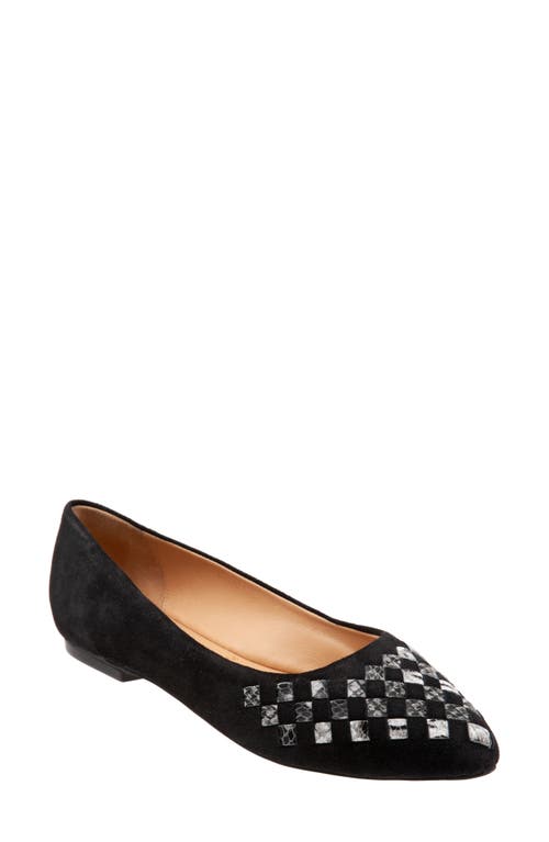 Trotters Estee Woven Flat In Black Sue/snake