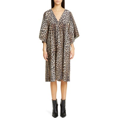 Ganni Leopard Print Oversize Cotton & Silk Midi Dress, Brown