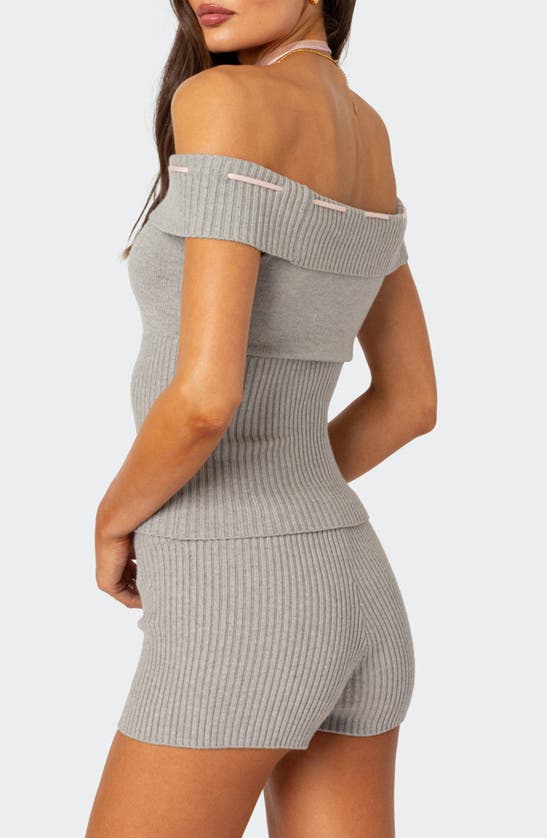 Shop Edikted Bow Time Off The Shoulder Rib Sweater In Gray-melange