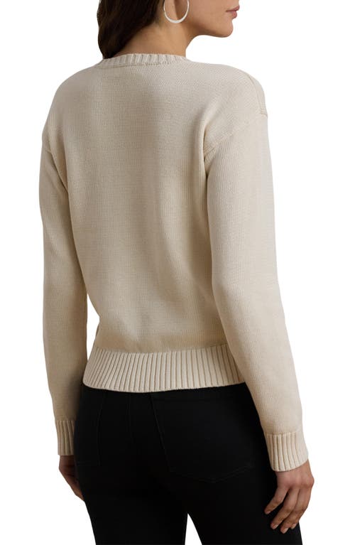 Shop Lauren Ralph Lauren Crest Cotton Graphic Crewneck Sweater In Mascarpone Cream Multi