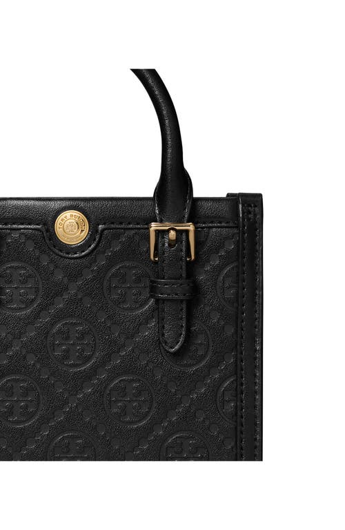 Shop Tory Burch Mini T Monogram Debossed North/south Tote In Black