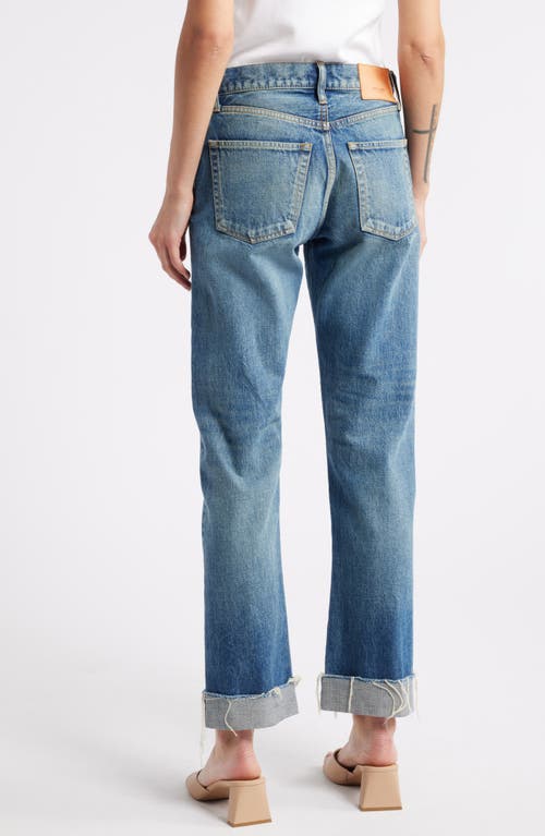 Shop Moussy Hopewell High Waist Cuffed Raw Hem Straight Leg Jeans In Dark Blue