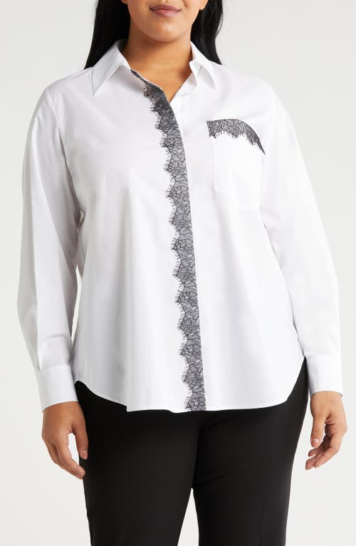 Foce Lace Trim Cotton Poplin Button-Up Shirt in Optic White